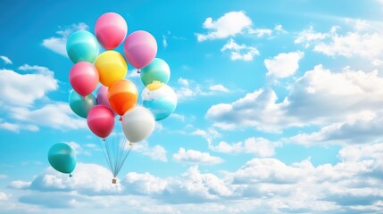 Vibrant balloons floating against a backdrop of blue skies and fluffy clouds, creating a joyful, colorful scene with a realistic background