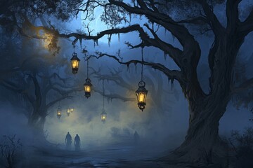 Fototapeta premium Enchanted Forest Path with Hanging Lanterns