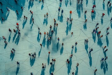 Plakat Aerial view of people standing on a blue surface with connected lines, creating a network effect.