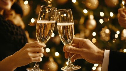 Couple Toasting Champagne Flutes  Christmas Lights  Holiday Celebration