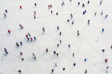 Aerial view of people connected by lines on a white surface.