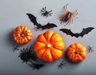Halloween concept. Top view photo of pumpkins bats skull crossed bones silhouettes centipedes and spiders on isolated grey background with copyspace