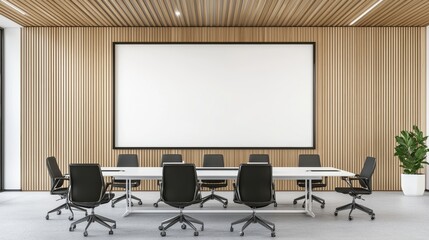 Modern Conference Room Interior with Wooden Wall and Whiteboard