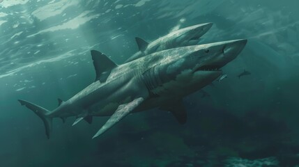 Fototapeta premium Mighty Shark Hunting in the Turquoise Ocean Depths