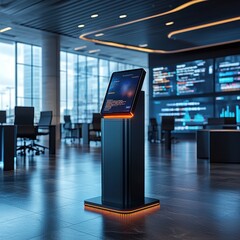 Modern digital kiosk with touchscreen display in tech office or futuristic lobby