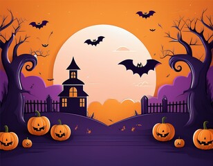 Fototapeta premium Happy Halloween banner. background with haunted house bats. 