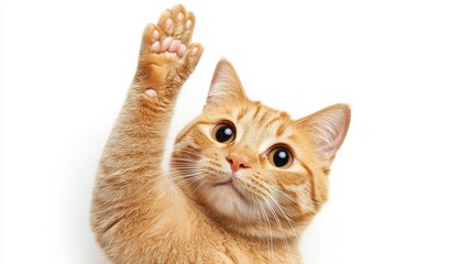Cute Orange Cat Raising Paw with White Background