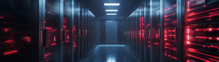 Fototapeta premium Server Room With Red Lights And Glass Doors