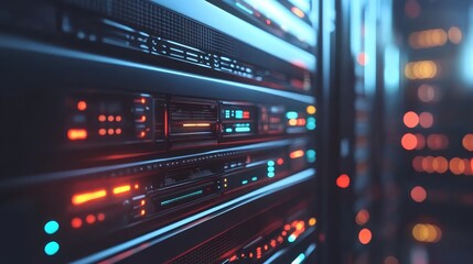 Naklejka premium Server Rack with Red and Blue Lights in Data Center