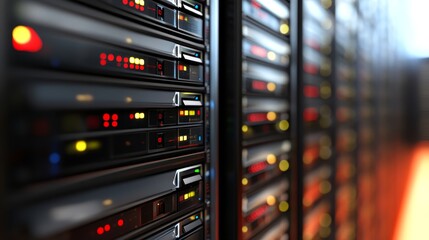Naklejka premium Server Rack with Red and Yellow Lights