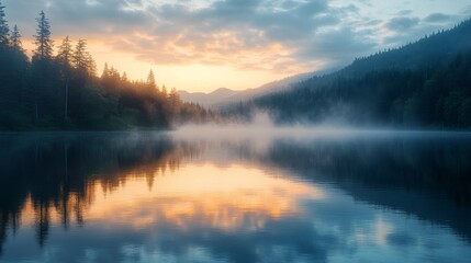 Misty Sunrise Over a Tranquil Lake Surrounded by Pine Trees