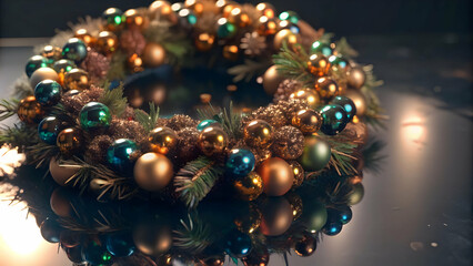 3D Macro Holographic Christmas Wreath Icon - Close-Up of Colorful Decorations on White Background, Capturing Holiday Joy & Vibrant Reflections