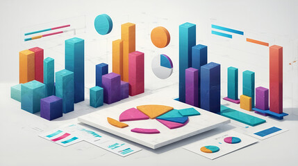 Vibrant 3D graphs and charts depict data analysis, suggesting a dynamic and informative business environment.