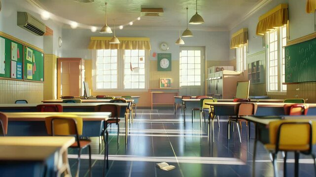 Animation Sunlit classroom with empty desks and educational posters generated with ai