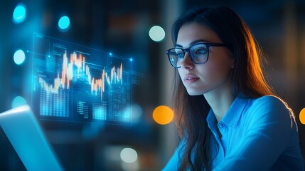 Woman Analyzing Financial Data on Laptop with Hologram