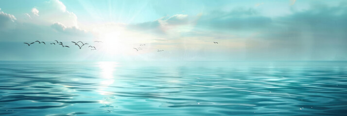 Obraz premium Abstract Sea and Sky: Blurred Landscape with Distant Birds and Sun Reflections on Water, Ideal for Nature-Themed Designs.