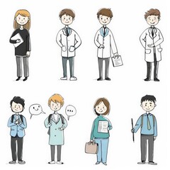 A group of stickmans with different roles: lawyer, doctor, professor, student, programmer, biologist. White background, hand draw style.