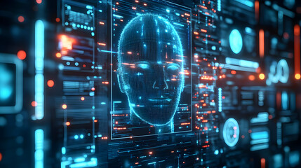 3D Artificial Intelligence Election Analyst Concept: Close-Up AI Interface Analyzing Election Data with Real-Time Predictions on Multiple Screens for Political Forecasting Insights