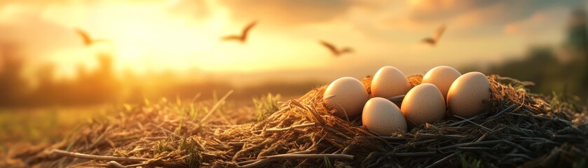 Fototapeta premium Bird Eggs in Nest at Sunset with Birds Flying in the Background