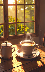 Fototapeta premium A cozy morning scene featuring a steaming cup of coffee on a wooden table, with sunlight streaming through a nearby window, creating a warm and inviting mobile wallpaper