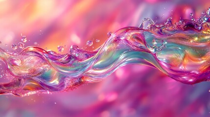 Iridescent Liquid Wave with Bubbles Against a Pink Background