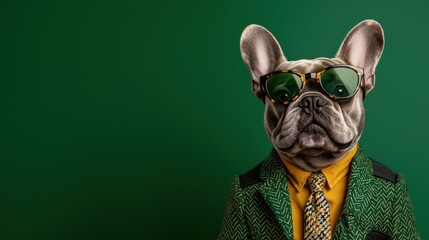 Fototapeta premium French Bulldog in Suit and Sunglasses Green Background