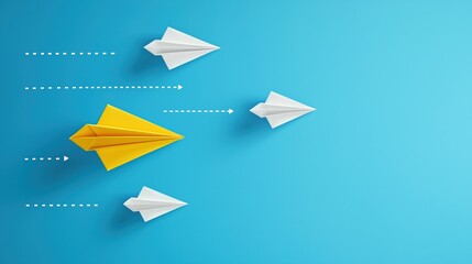 Yellow paper rocket flying with white rockets on a blue background