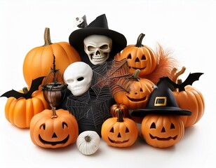 Cute background design for Halloween decorations of pumpkins, bats, spiders, and ghosts on white background top view. Happy Halloween greeting 