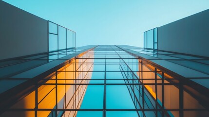 Fototapeta premium A modern high-rise building with reflective glass windows stands out prominently in the sky.