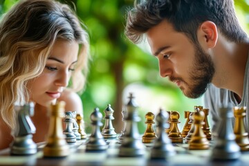 Intense Chess Match: A Couple Focused on Strategy