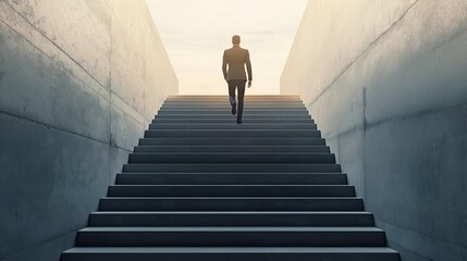Businessman in suit going upstairs, concept of success, ambitious concept 