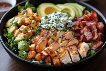 Cobb salad, American food, fresh salad, healthy meal, classic salad, crisp lettuce, avocado, grilled chicken, bacon bits, blue cheese, hard-boiled eggs, cherry tomatoes, ranch dressing, creamy dressin