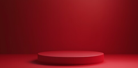 3D render of a red podium with a round platform in the center, designed as an empty space mockup for product presentation. The vibrant red background adds a striking contrast to the minimalistic scene