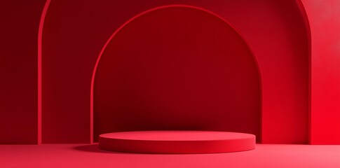 3D render of a red podium with a round platform in the center, designed as an empty space mockup for product presentation. The vibrant red background adds a striking contrast to the minimalistic scene