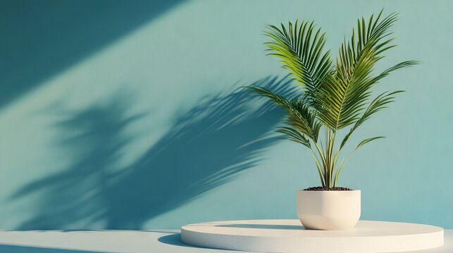 5. A 3D rendering of a geometric podium on a smooth platform, with a vibrant plant subtly placed behind, designed for a stylish and contemporary product showcase that balances modernity with a touch