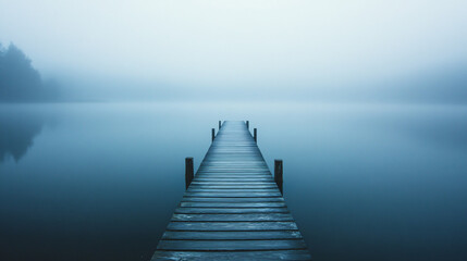 Obraz premium misty wooden pier leading to the horizon - tranquil foggy lake landscape photography