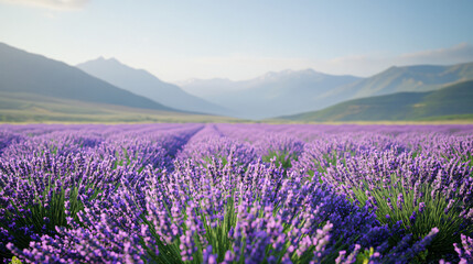 Obraz premium purple lavender field in front of mountain range at sunset