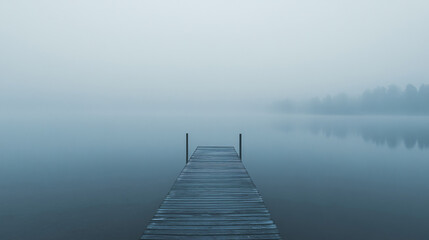 Fototapeta premium minimalist foggy lake with wooden dock and reflections