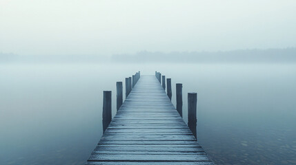 Obraz premium misty wooden dock leading into foggy lake - tranquil, eerie, minimalist landscape photography