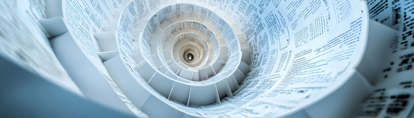 Fototapeta premium Upward Spiraling Policy Implementation: Wide Shot of Rising Policy Documents and Execution Icons on a White Background