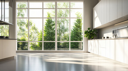 modern white kitchen with large window and green trees view
