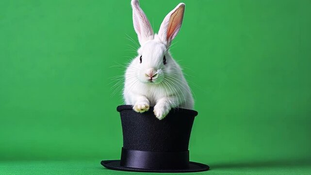White rabbit is appearing from a top hat on a green screen background, perfect for compositing and creating magical effects