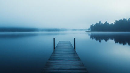 Fototapeta premium misty lake with wooden dock and fog - serenity, tranquility, nature, landscape, water, blue, calm