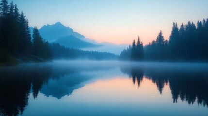 Fototapeta premium Misty Sunrise over a Still Lake with Mountain Reflections