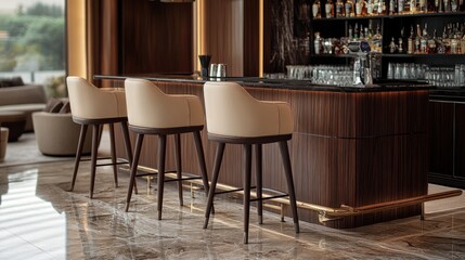 Three bar stools with beige upholstery and wooden frames sit at a bar counter in a modern bar setting.