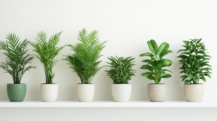 Obraz premium Green Plants in Pots on a White Shelf