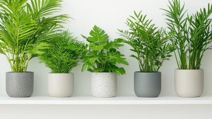 Obraz premium Green Plants in Pots on White Shelf