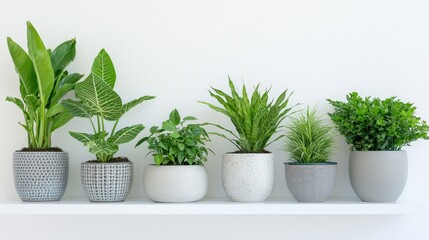 Fototapeta premium Indoor Plants on White Shelf Home Decor Minimalist Design