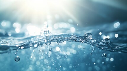 Water Droplets and Bubbles in Blue Water with Sunlit Bokeh