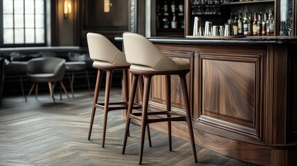 Two bar stools with beige upholstery and wooden legs sit in front of a wooden bar counter with a shelf full of bottles.